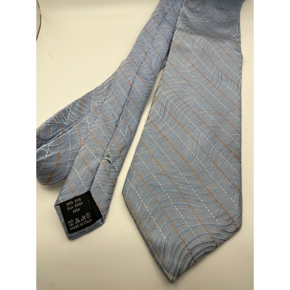 Valentino Mens Silk Tie Light Blue Orange Wavy Stitch Jacquard Made in Italy